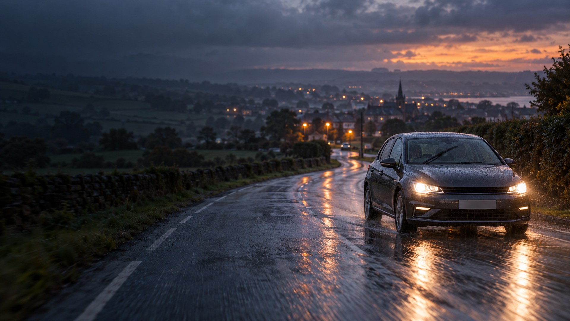 A car on a wet British road at dusk