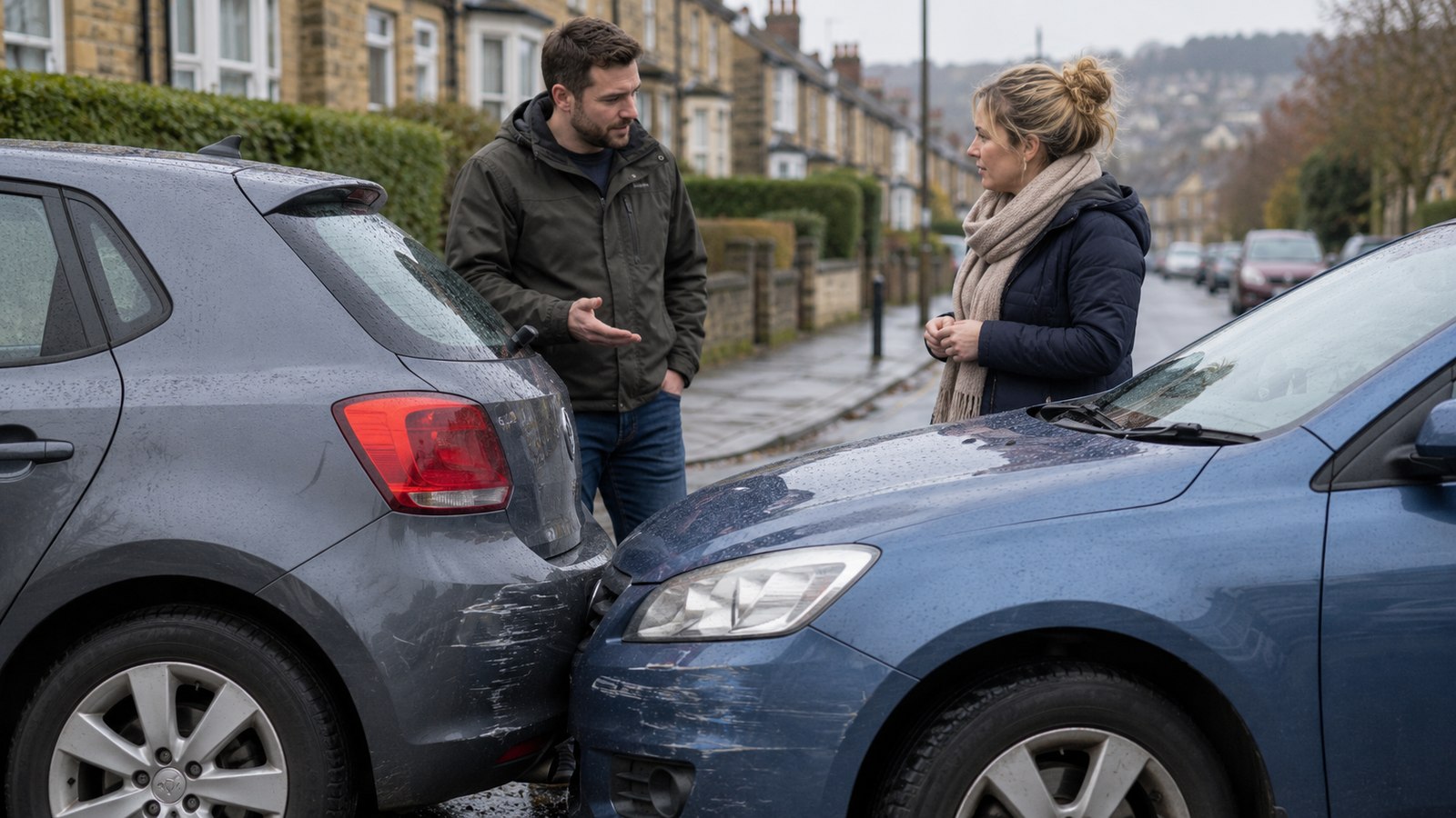 Two motorists discussing a minor collision on a British street