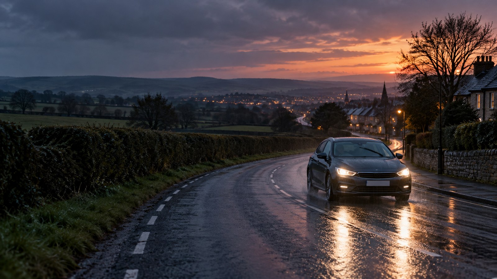 A car travelling on a wet British road at dusk